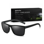 Black golf sunglasses with 'Golf For Pros' packaging on a white background