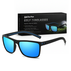 Golf sunglasses with blue lenses and black frame, displayed in front of their packaging box.