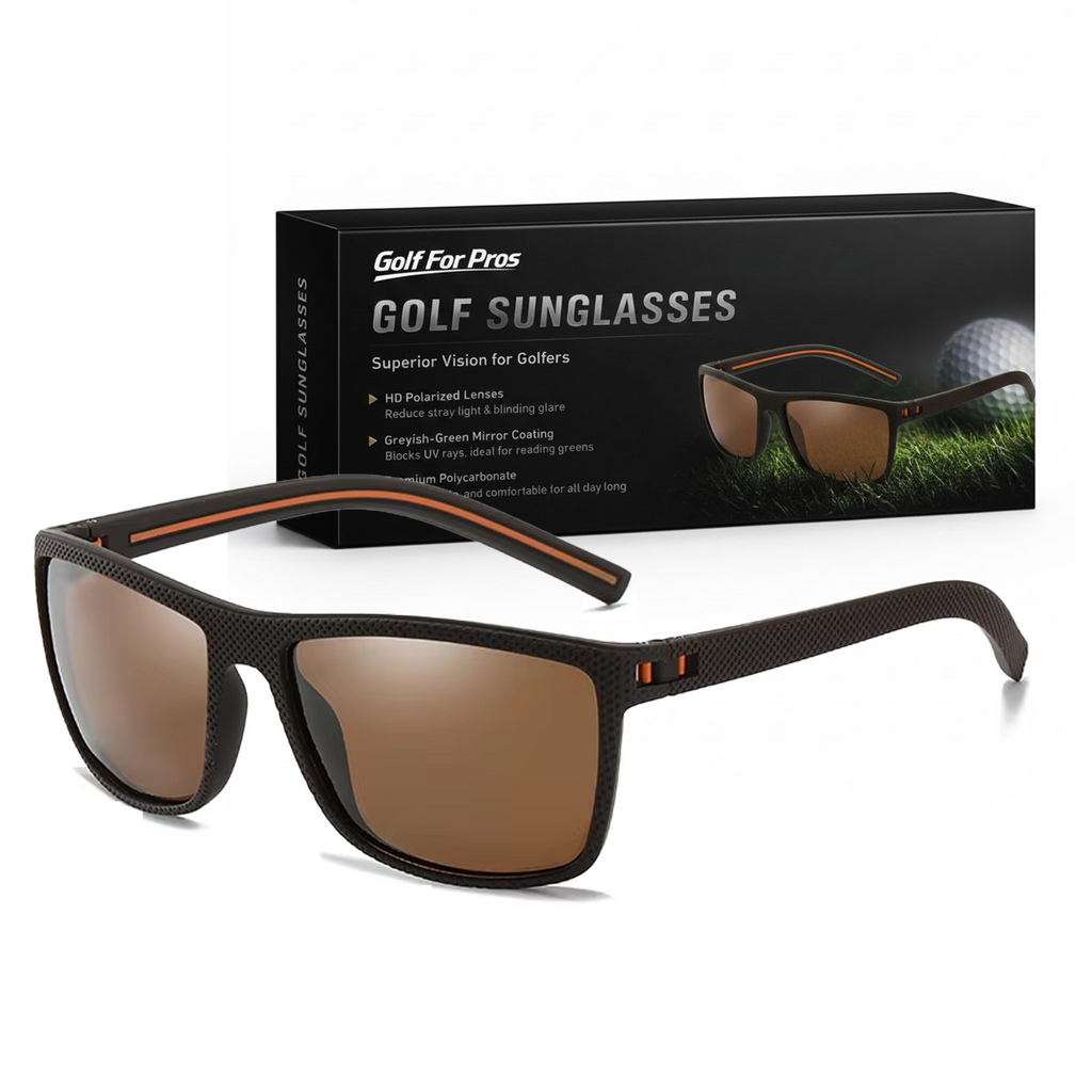 Golf sunglasses with brown lenses and black frame, displayed in front of their packaging on a white background.