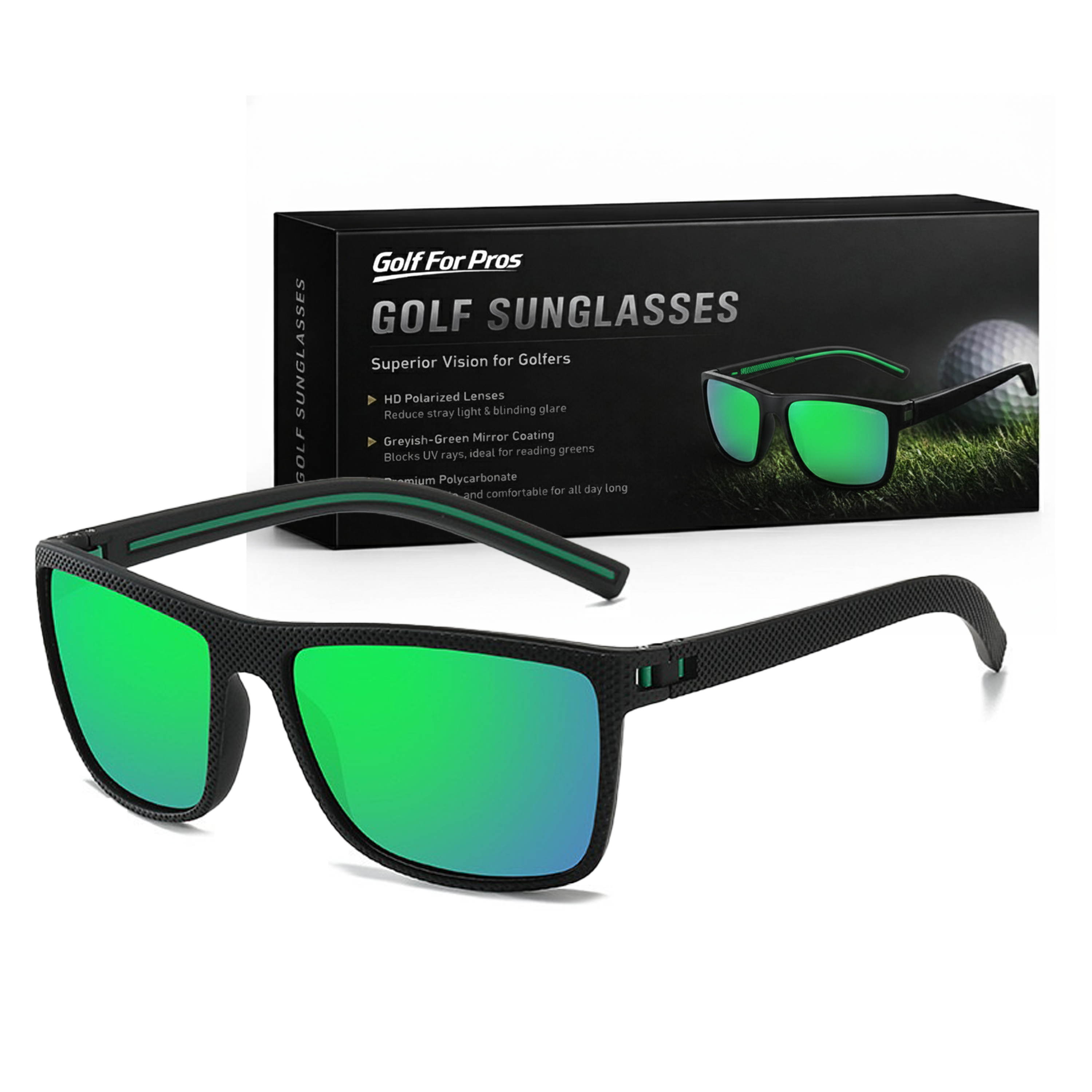 Golf sunglasses with green lenses and black frames, displayed in front of their packaging box.