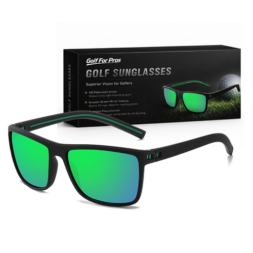 Golf sunglasses with green lenses and black frames, displayed in front of their packaging box.