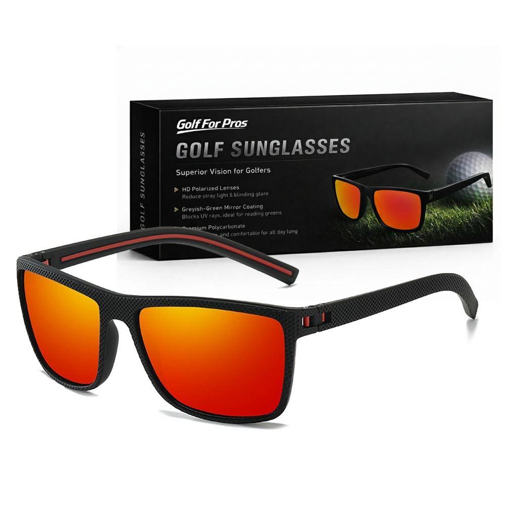 Golf sunglasses with red lenses and black frames, displayed in front of their packaging box.